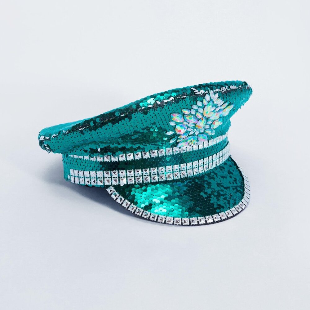 Emerald Sequin Rhinestone Captain Hat | Festival Hat | Statement Glam